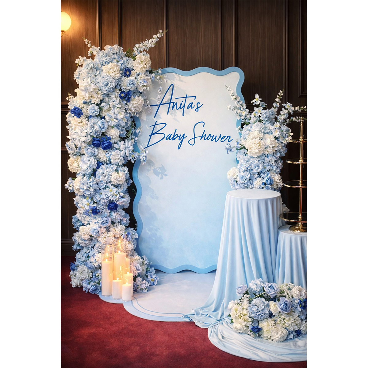 Blue baby shower backdrop package hire Melbourne
