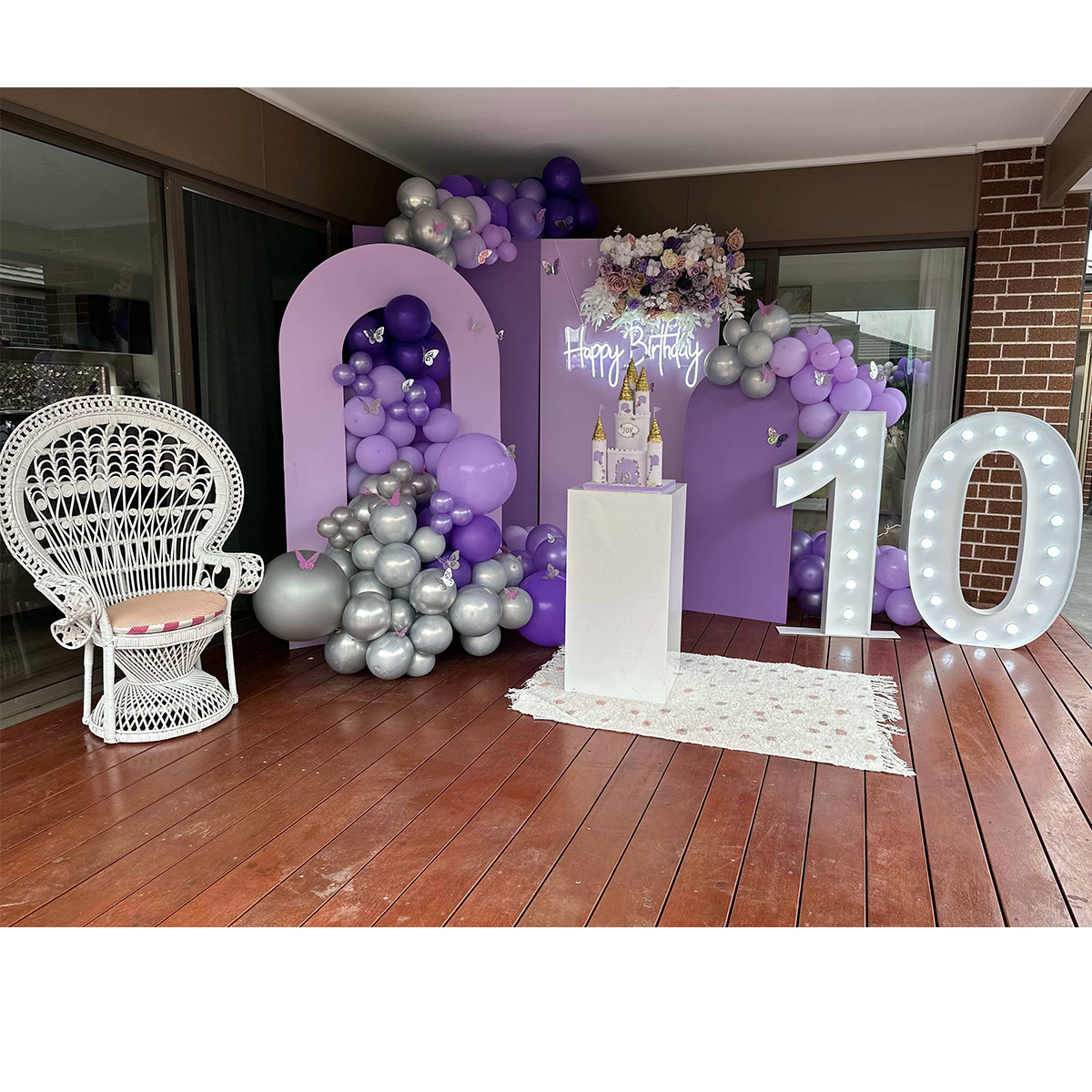 Purple birthday party backdrop hire Melbourne